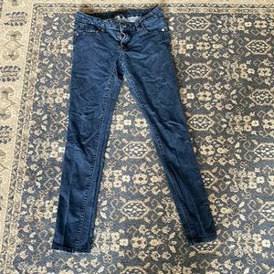 Dark wash, mid rise straight leg jean